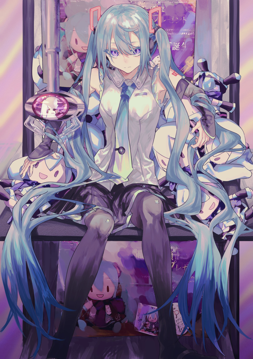 1girl absurdres aqua_hair aqua_nails aqua_necktie bare_shoulders black_skirt black_sleeves black_thighhighs character_doll chinese_commentary commentary commentary_request crane_game detached_sleeves hair_ornament hatsune_miku hatsune_miku_(vocaloid4) headphones headset highres huaji_niang long_hair looking_at_viewer miniskirt nail_polish necktie open_mouth photo_background pleated_skirt purple_eyes sanpati_(style) shirt shoulder_tattoo silhouette sitting skirt sleeveless sleeveless_shirt smile solid_oval_eyes solo stuffed_toy tattoo thighhighs twintails v4x very_long_hair vocaloid white_shirt