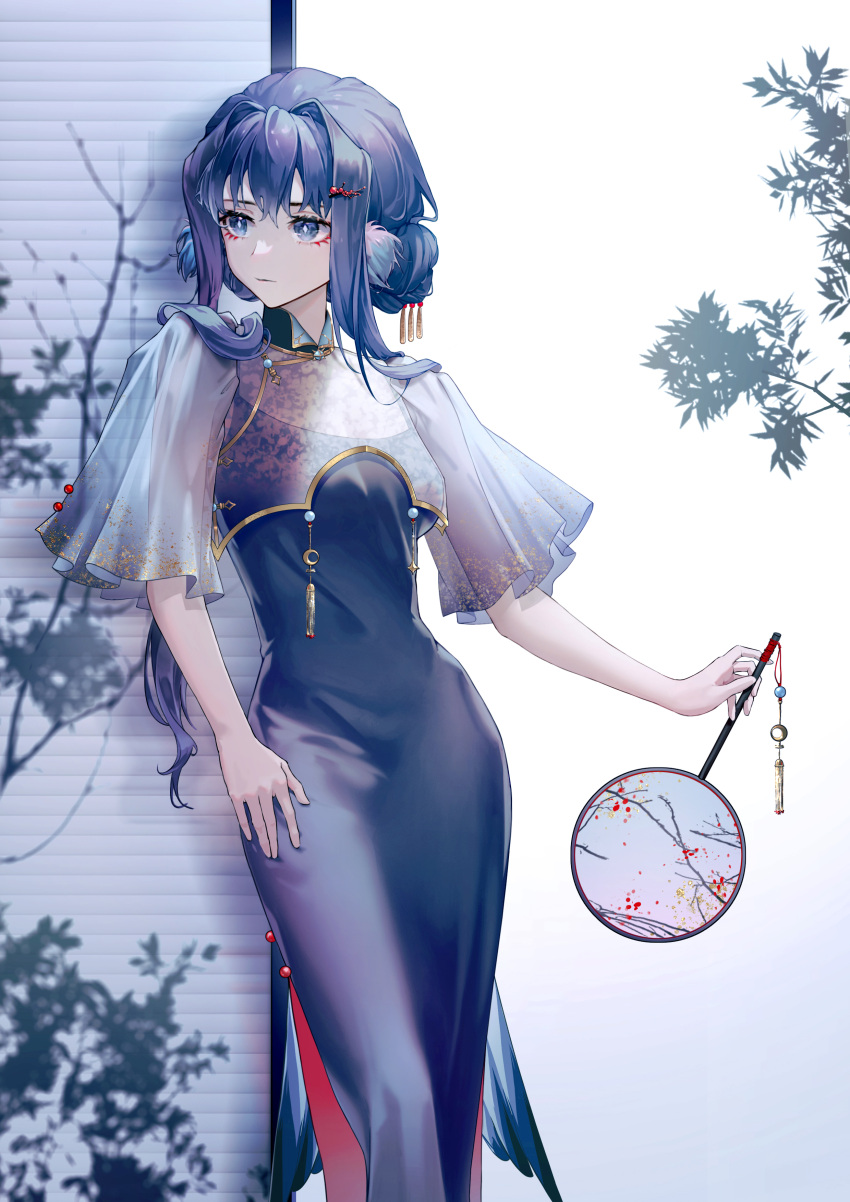 1girl absurdres arknights astesia_(arknights) black_dress blue_eyes blue_hair breasts bright_pupils china_dress chinese_clothes diamond-shaped_pupils diamond_(shape) dress feet_out_of_frame hair_bun hair_ornament hairclip hand_fan highres holding holding_fan long_hair looking_to_the_side short_sleeves small_breasts solo symbol-shaped_pupils white_pupils zhuang_yao
