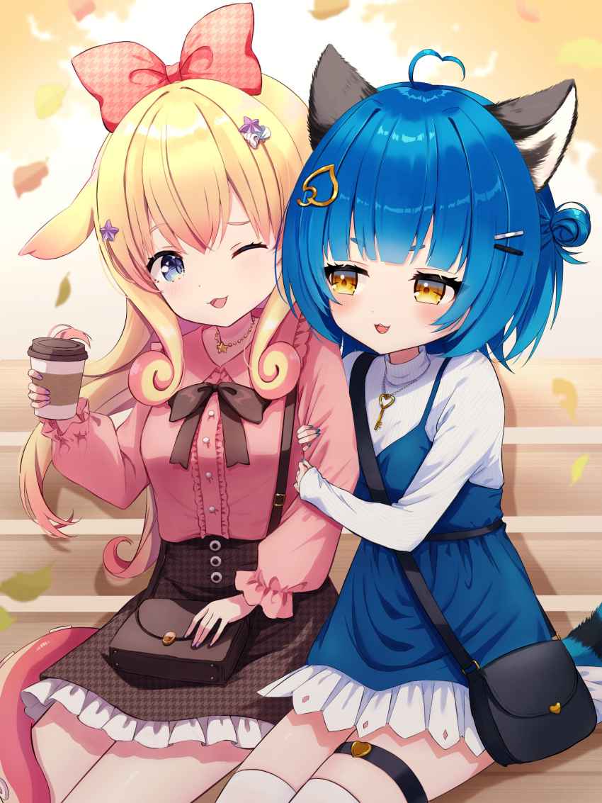 2girls absurdres ahoge animal_ears arm_hug bag black_bag black_skirt blonde_hair blue_dress blue_eyes blue_hair blue_nails bow coffee_mug collared_shirt commission cup dress fang frilled_skirt frills gradient_hair hair_bow hair_bun hair_ornament hairclip handbag heart heart_ahoge highres holding holding_bag holding_cup idol_corp jewelry key_necklace leaf leaf_hair_ornament momo_otako mug multicolored_hair multiple_girls necklace on_bench one_eye_closed pinafore_dress pink_bow pink_hair pink_shirt poko_rakun shirt short_hair sitting skirt sleeveless sleeveless_dress star_(symbol) star_necklace suspender_skirt suspenders tail tentacle_hair tentacles thigh_strap thighhighs turtleneck uni_(maru231) white_shirt white_thighhighs yellow_eyes