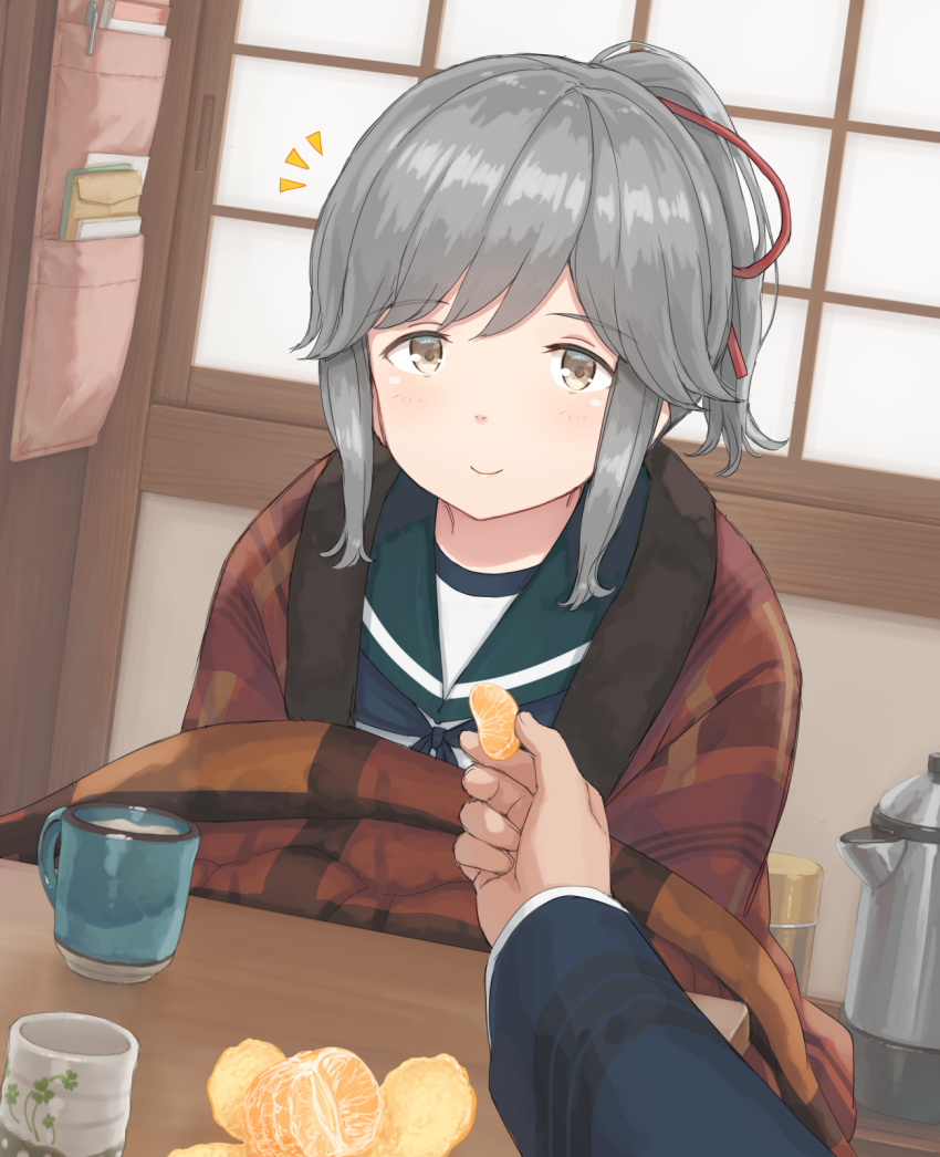 1boy 1girl admiral_(kancolle) blue_sailor_collar brown_eyes commentary_request cup dotera_(clothes) dutch_angle food fruit grey_hair hair_ribbon hayashi_naoharu highres holding holding_food kantai_collection kettle long_hair mandarin_orange partial_commentary ponytail pov pov_hands red_ribbon ribbon sailor_collar school_uniform serafuku smile solo_focus table usugumo_(kancolle) yunomi