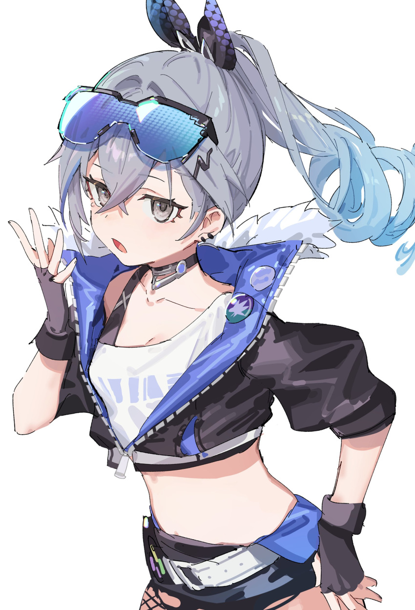 1girl absurdres badge black_jacket black_shorts breasts button_badge cleavage drill_ponytail ear_piercing eyewear_on_head fingerless_gloves gloves goggles goggles_on_head grey_eyes highres honkai:_star_rail honkai_(series) jacket medium_breasts open_mouth piercing shirt shorts silver_wolf_(honkai:_star_rail) simple_background single-shoulder_shirt single_drill solo white_background yu-ri