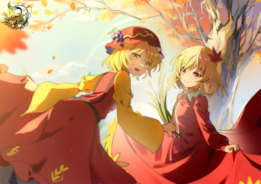 2girls absurdres aki_minoriko aki_shizuha autumn autumn_leaves blonde_hair buttons closed_mouth collared_shirt fruit_hat_ornament grape_hat_ornament hair_ornament hat hat_ornament highres leaf_hair_ornament long_sleeves maisuiren mob_cap multiple_girls open_mouth red_headwear red_shirt red_skirt shirt short_hair siblings sisters skirt smile touhou tree yellow_eyes yellow_shirt