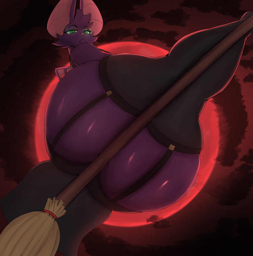 absurd_res anthro bat big_butt big_ears black_clothing blazethefox blood_moon broom butt cleaning_tool clothed clothing female flying full_moon fur garter_straps green_eyes hi_res huge_butt lacy_(blazethefox) legwear looking_at_viewer low-angle_view mammal moon night purple_body purple_fur sky solo stockings thick_thighs thigh_highs witch_costume worm's-eye_view