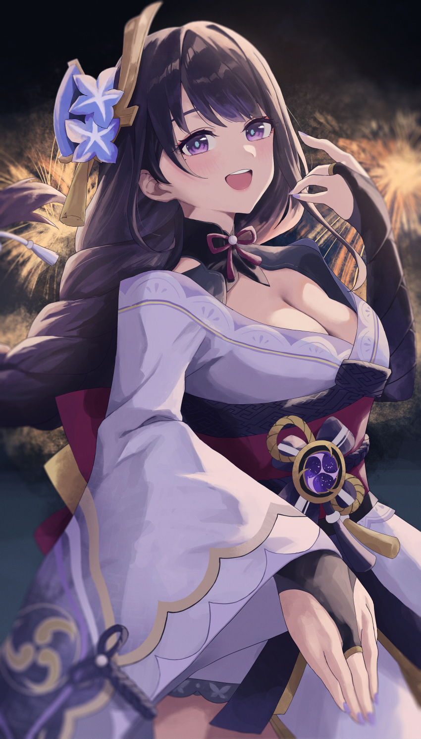 1girl absurdres blue_pupils blurry_edges blush braid braided_ponytail breasts bridal_gauntlets cleavage cowboy_shot firework_background fireworks flower foreshortening genshin_impact hair_ornament hal_aluha hand_up highres japanese_clothes kimono long_hair medium_breasts mitsudomoe_(shape) mole mole_under_eye neck_ribbon obi obiage obijime open_mouth parted_bangs purple_eyes purple_flower purple_hair purple_kimono purple_nails raiden_shogun red_ribbon ribbon sash shrug_(clothing) sidelocks solo teeth tomoe_(symbol) upper_teeth_only