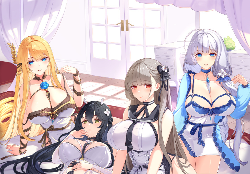 4girls absurdly_long_hair absurdres ahoge alternate_costume azur_lane between_breasts bizure black_choker black_hair black_neckerchief black_sailor_collar blonde_hair blue_eyes blue_flower breasts brown_hair choker cleavage dress flower flower_ornament formidable_(azur_lane) formidable_(timeless_classics)_(azur_lane) halterneck highres illustrious_(azur_lane) indomitable_(azur_lane) large_breasts laurel_crown long_hair low-tied_long_hair lying multiple_girls neckerchief necktie necktie_between_breasts official_alternate_costume on_back ribbon sailor_collar sleeveless sleeveless_dress two-tone_ribbon very_long_hair victorious_(azur_lane) white_dress white_hair wrist_ribbon