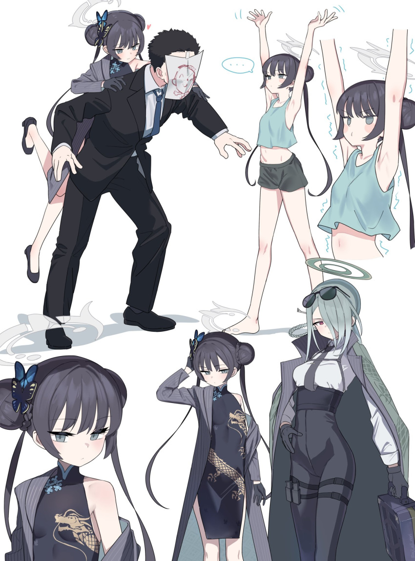 1boy 2girls aji_aji_nori alternate_costume black_dress black_necktie blue_archive braid braided_bun breasts butterfly_hair_ornament chest_harness china_dress chinese_clothes coat coat_on_shoulders coat_partially_removed double_bun dragon_print dress eyewear_on_head gloves green_hair grey_eyes hair_bun hair_ornament hair_over_one_eye halo harness high-waist_pants highres jacket kisaki_(blue_archive) long_hair long_sleeves looking_at_viewer looped_braids midriff mina_(blue_archive) multiple_girls multiple_views necktie pants pelvic_curtain print_dress red_eyes sensei_(blue_archive) shirt shorts simple_background sleeveless sleeveless_dress small_breasts stretching striped striped_jacket sunglasses tank_top twintails vertical-striped_coat vertical-striped_jacket vertical_stripes