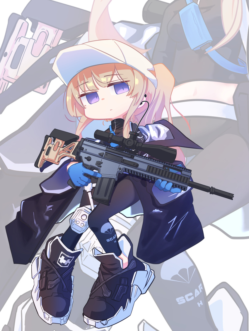 1girl assault_rifle baseball_cap black_coat black_footwear black_leggings black_shirt blonde_hair blue_gloves breasts character_name chibi closed_mouth coat earrings fanny_pack fn_scar fn_scar_17 girls'_frontline gloves gun hat headphones hexaa highres holding holding_weapon jewelry knee_pads leggings long_hair long_sleeves medium_breasts off_shoulder ponytail purple_eyes rifle scar-h_(girls'_frontline) scope shirt shoes single_knee_pad solo trigger_discipline turtleneck weapon white_headwear wide_sleeves