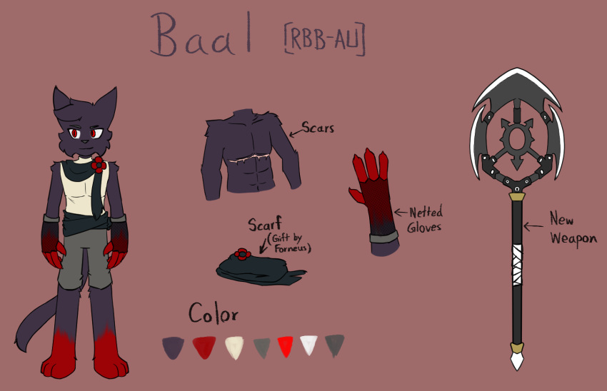 baal_(cult_of_the_lamb) clothing cult_of_the_lamb domestic_cat felid feline felis fingerless_gloves gloves handwear hi_res mammal novaarts scar scarf weapon