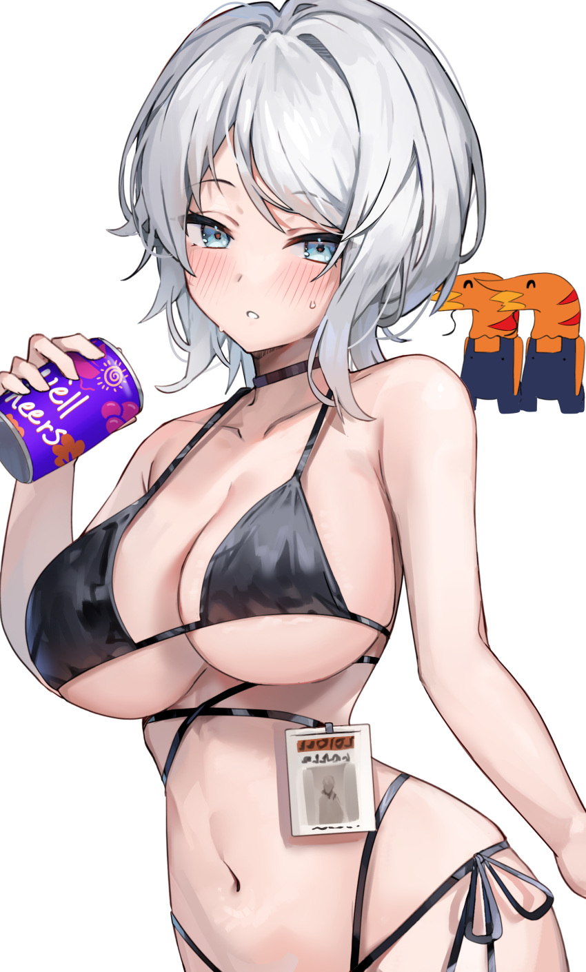 1girl absurdres bare_arms bare_shoulders beer_can bikini black_bikini black_choker blue_eyes breasts can choker cleavage collarbone faust_(project_moon) halterneck highleg highleg_bikini highres holding holding_can id_card kuroshiro_kanae large_breasts limbus_company looking_at_viewer multi-strapped_bikini_bottom multi-strapped_bikini_top navel opened_can_of_wellcheers parted_lips project_moon short_hair side-tie_bikini_bottom simple_background solo stomach strap_gap string_bikini swimsuit upper_body white_background white_hair