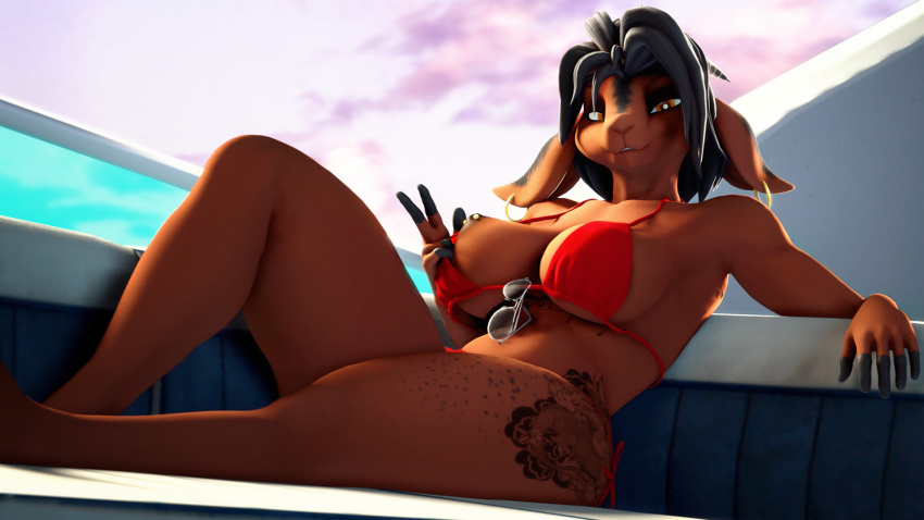 16:9 2023 3d_(artwork) alicia_(domibun) amber_eyes anthro areola bedroom_eyes big_breasts bikini black_body black_fur black_hair bovid breast_out breasts brown_body brown_fur brown_nipples caprine chest_tattoo cleavage clothed clothing curvaceous curvy_figure detailed_background digital_media_(artwork) ear_piercing ear_ring exposed_breasts eyewear female fingers floppy_ears freckles fur goat hair hi_res honorboundnoob horn leg_tattoo long_ears looking_at_viewer mammal multicolored_body multicolored_fur narrowed_eyes nipple_piercing nipples piercing red_bikini red_clothing red_swimwear ring_piercing seductive short_hair side-tie_bikini side_boob sitting skimpy skimpy_bikini smile solo source_filmmaker string_bikini sunglasses swimwear tattoo thick_thighs two_tone_body two_tone_fur under_boob vehicle voluptuous watercraft wide_hips widescreen yacht