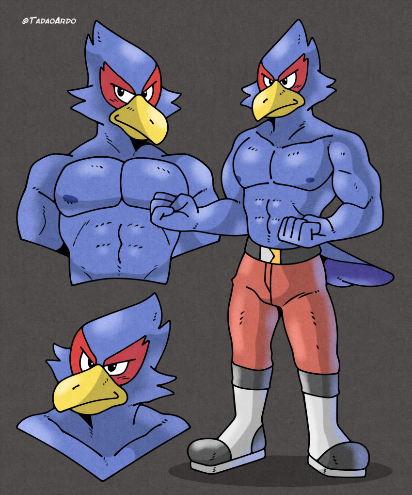 abs absurd_res anthro avian beak biceps bird black_eyes blue_body boots bottomwear clothing falco_lombardi falcon falconid footwear hi_res male mammal muscular muscular_anthro muscular_male nintendo nipples pants pecs pose solo star_fox tadaoardo yellow_beak