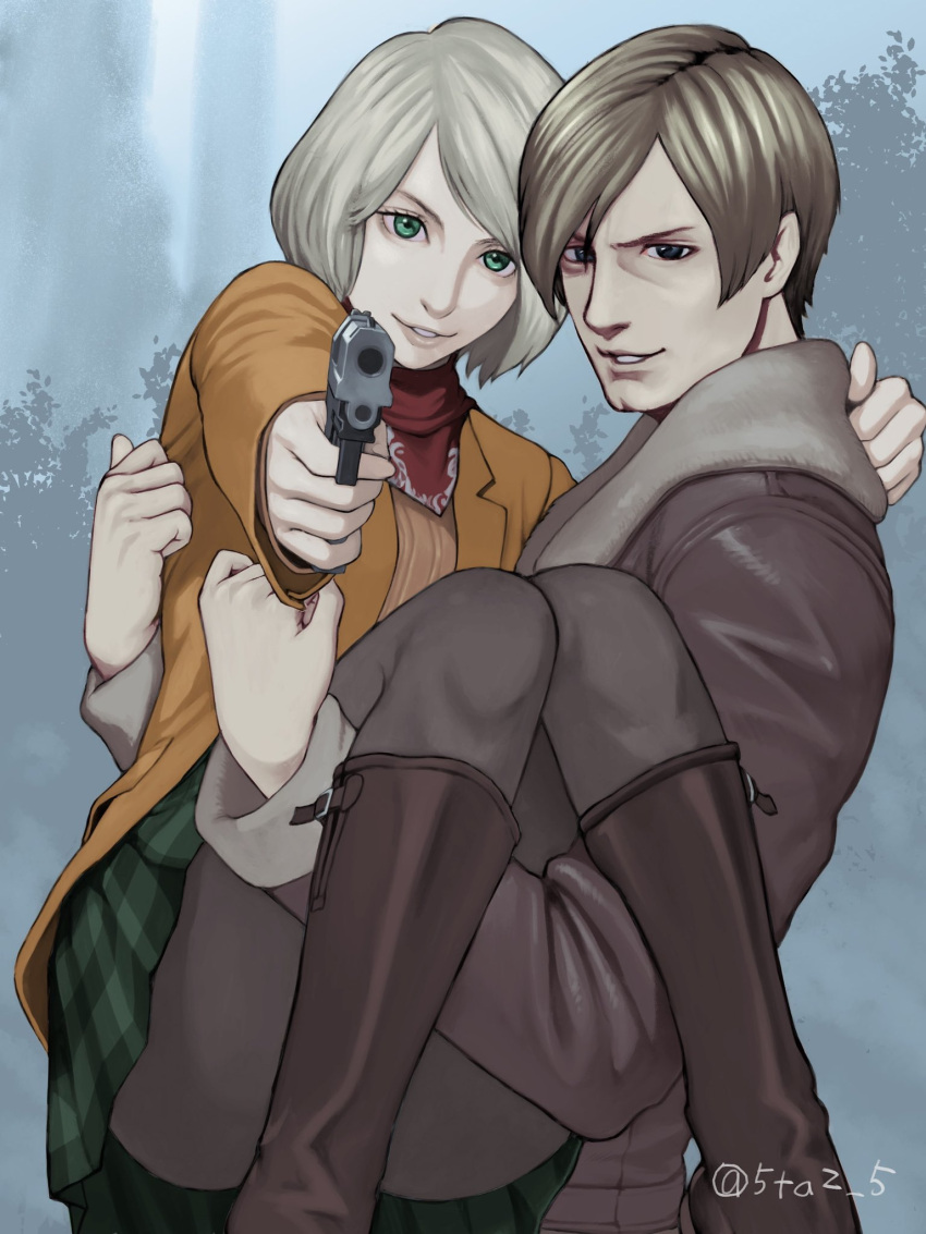 1boy 1girl 5tatsu aqua_eyes arm_around_shoulder ashley_graham blonde_hair bob_cut boots brown_footwear carrying green_skirt grey_eyes grey_pantyhose gun handgun highres holding holding_gun holding_weapon jacket leather leather_jacket leon_s._kennedy long_sleeves orange_jacket pantyhose parted_lips pleated_skirt pointing_gun princess_carry red_scarf resident_evil resident_evil_4 resident_evil_4_(remake) scarf short_hair skirt smile swept_bangs twitter_username weapon