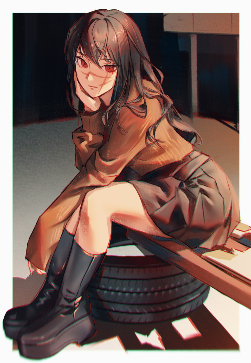 1girl absurdres black_hair black_skirt brown_sweater chainsaw_man cross_scar hand_on_own_face highres kozzz_y long_hair looking_at_viewer pleated_skirt red_eyes ringed_eyes scar scar_on_cheek scar_on_face skirt sleeves_past_wrists solo sweater yoru_(chainsaw_man)