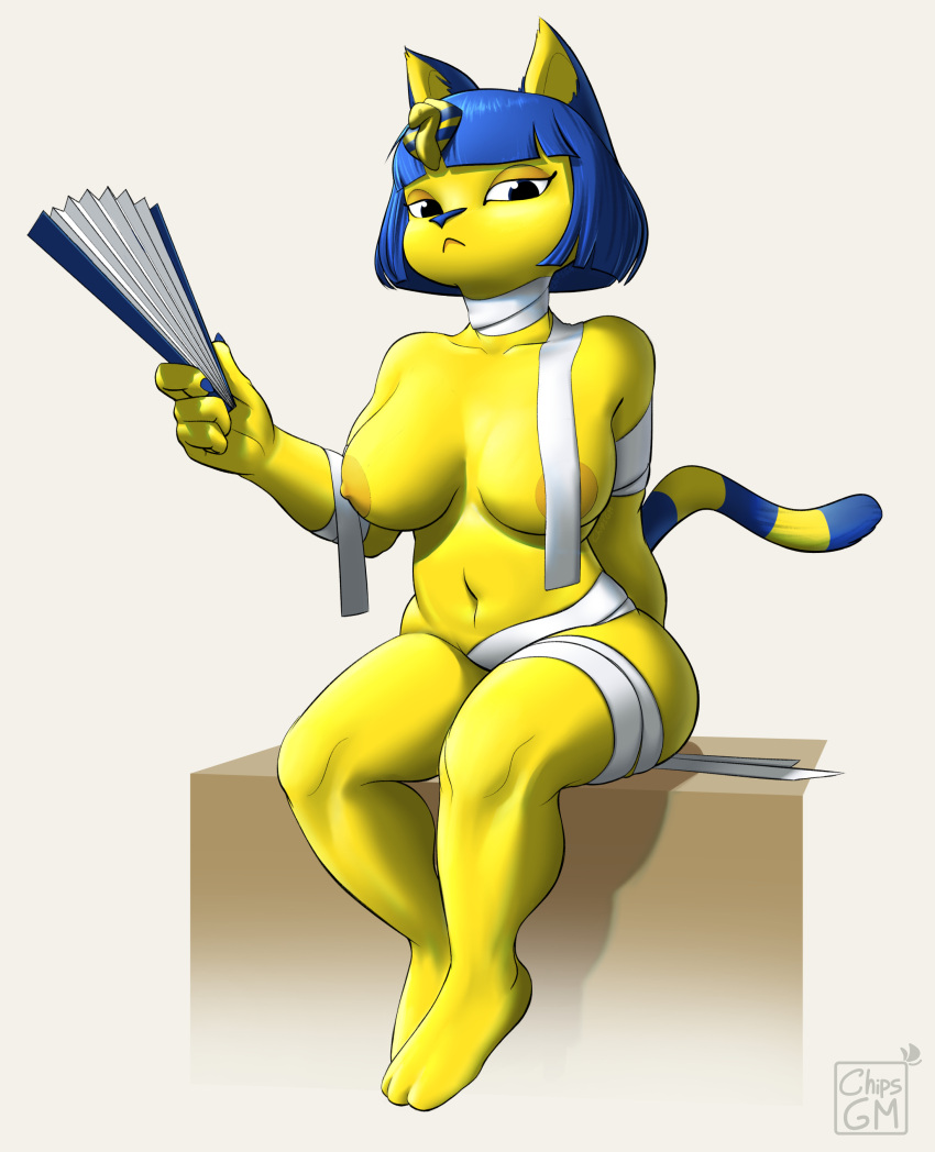 2023 absurd_res animal_crossing ankha_(animal_crossing) anthro bandage big_breasts big_butt blue_hair breasts butt chipsgm digital_media_(artwork) domestic_cat feet felid feline felis female fur genitals hair hi_res huge_thighs jewelry looking_at_viewer mammal markings mostly_nude narrowed_eyes navel nintendo nipples nude raised_tail short_stack simple_background sitting solo striped_markings striped_tail stripes tail tail_markings thick_thighs uraeus watermark white_background wide_hips yellow_body yellow_fur