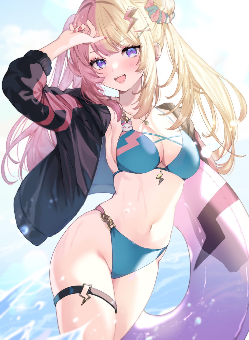 1girl adapted_costume alternate_costume alternate_hairstyle bikini black_jacket blonde_hair blue_bikini blush breasts cleavage commentary english_commentary flotation_belt hair_bun hair_ornament hair_scrunchie hell_fuuna highres jacket jewelry kotoka_torahime lightning_bolt_hair_ornament lightning_bolt_symbol long_hair multicolored_hair necklace nijisanji nijisanji_en open_clothes open_jacket open_mouth pink_hair pink_nails purple_eyes scrunchie smile solo split-color_hair swimsuit thigh_strap twintails virtual_youtuber x_hair_ornament