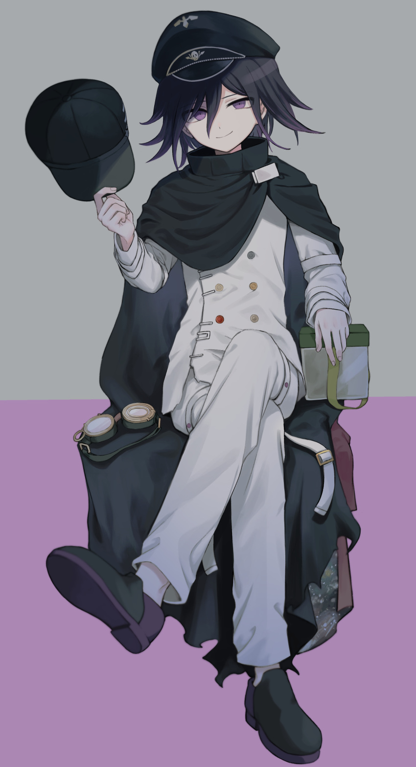 1boy absurdres black_cape black_footwear black_hair black_headwear borrowed_clothes box cape checkered_clothes checkered_scarf crossed_legs danganronpa_(series) danganronpa_v3:_killing_harmony full_body goggles goggles_removed hair_between_eyes hand_up hat hat_removed headwear_removed highres holding holding_clothes holding_hat jacket lolowv long_sleeves looking_at_viewer male_focus ouma_kokichi pants peaked_cap pink_background pink_eyes purple_eyes purple_hair scarf shoes short_hair sitting smile solo straitjacket torn_cape torn_clothes