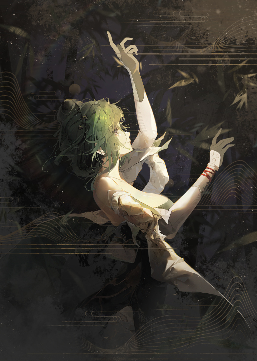 1girl abstract_background arm_guards bamboo bamboo_leaf bare_shoulders black_gloves breasts chenmuo chinese_clothes chinese_commentary cleavage commentary_request detached_sleeves dress from_side gloves green_dress green_hair grey_eyes hair_ornament hairpin hanying_(punishing:_gray_raven) highres large_breasts looking_up profile punishing:_gray_raven solo sound_wave strapless strapless_dress tassel tassel_hair_ornament updo upper_body white_sleeves