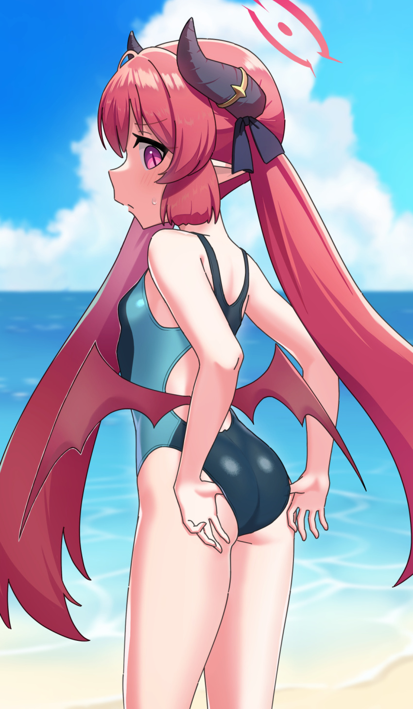 1girl adjusting_clothes adjusting_swimsuit ass back_cutout beach black_horns black_one-piece_swimsuit blue_archive blue_one-piece_swimsuit breasts clothing_cutout cloud competition_swimsuit day demon_girl demon_horns demon_wings halo highleg highleg_swimsuit highres horn_ornament horn_ring horns inubusa junko_(blue_archive) long_hair looking_at_viewer looking_back low_wings multicolored_clothes multicolored_swimsuit ocean one-piece_swimsuit outdoors pointy_ears purple_eyes red_hair red_halo red_wings sky slit_pupils small_breasts solo sweatdrop swimsuit twintails two-tone_swimsuit very_long_hair water wings