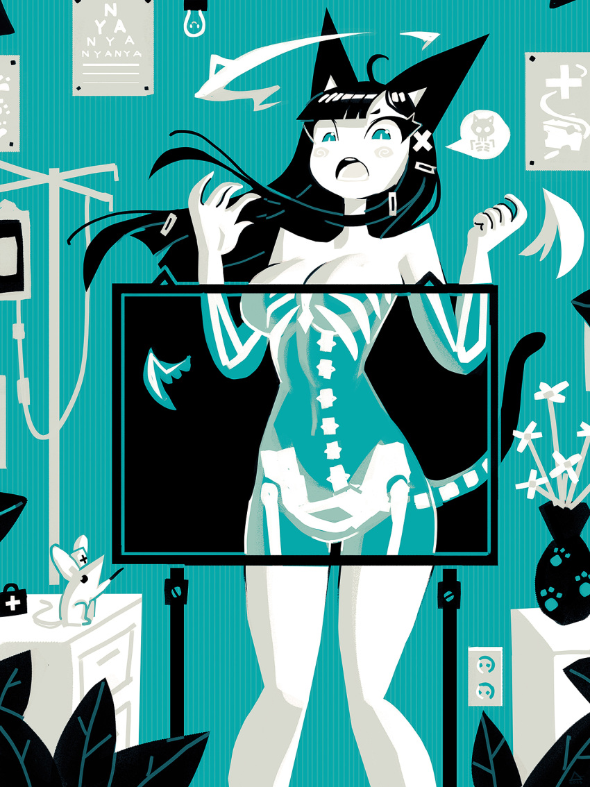 1girl anatomy andaerz animal_ears black_hair breasts cat_ears cat_tail electrical_outlet green_eyes highres long_hair mouse open_mouth organs original paw_print skeleton solo tail x-ray x-ray_vision