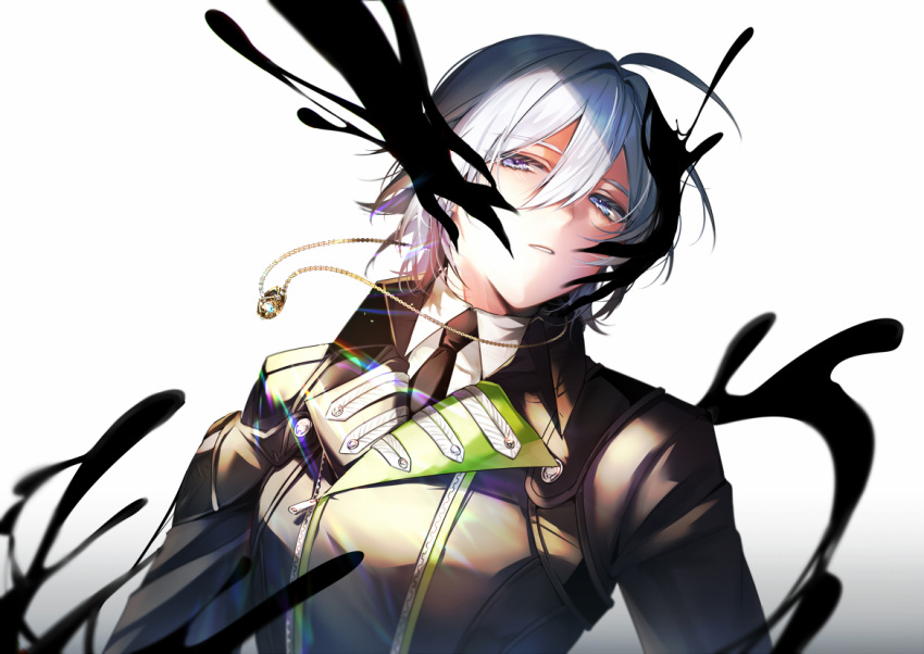 1boy ahoge black_jacket black_necktie blue_eyes collared_shirt hair_between_eyes ink jacket jewelry long_sleeves male_focus multicolored_eyes necklace necktie parted_lips purple_eyes ring ring_necklace shirt short_hair silver_(twisted_wonderland) simple_background solo spoilers tobidayooon twisted_wonderland white_background white_hair white_shirt wing_collar zipper zipper_pull_tab