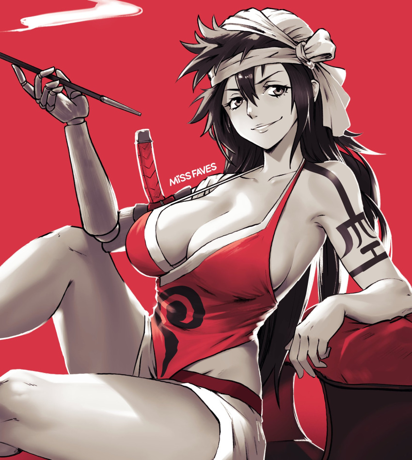 1girl arm_tattoo artist_name black_eyes black_hair bleach breasts cleavage collarbone doll_joints elbow_rest hair_between_eyes halterneck highres holding holding_smoking_pipe japanese_clothes joints large_breasts long_hair looking_at_viewer missfaves parted_lips prosthesis prosthetic_arm red_background red_shirt shiba_kuukaku shirt sitting sleeveless sleeveless_shirt smile smoking_pipe solo tattoo