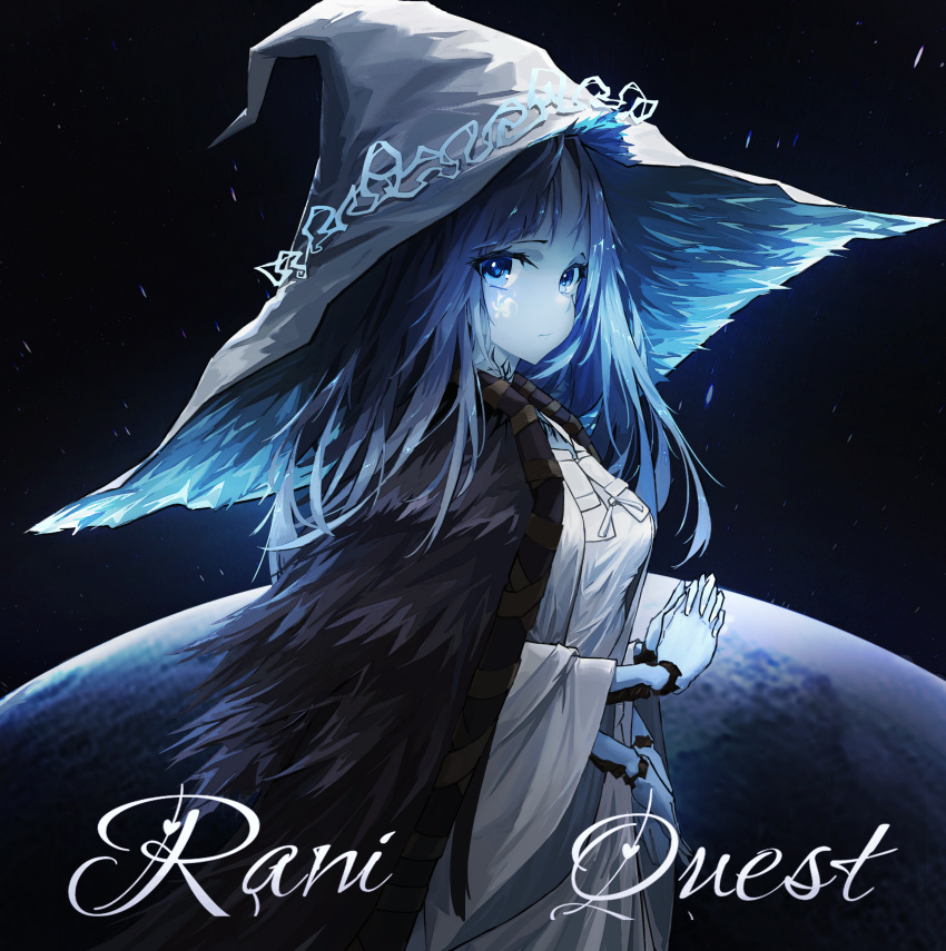 1girl absurdres afindex blue_eyes blue_hair blue_skin cape closed_mouth colored_skin commentary_request elden_ring english_text extra_arms fur_cape glowing_tattoo hat highres large_hat long_hair looking_at_viewer ranni_the_witch solo upper_body white_hair witch_hat