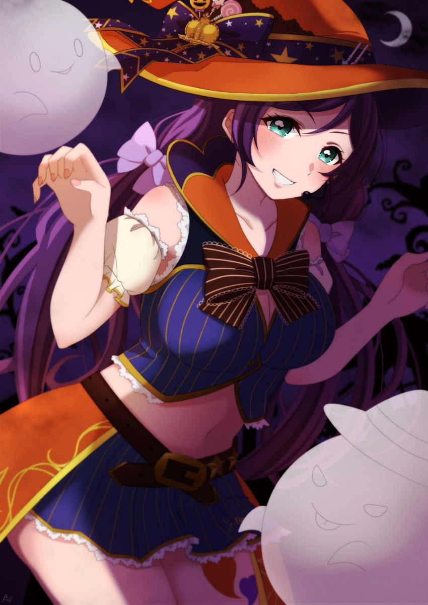1girl absurdres aqua_eyes bare_shoulders blue_shirt blue_skirt breasts claw_pose commentary_request crop_top detached_sleeves fingernails grin halloween hat highres large_breasts long_hair looking_at_viewer love_live! love_live!_school_idol_festival_all_stars love_live!_school_idol_project low_twintails midriff miniskirt navel official_alternate_costume orange_headwear parted_bangs pinstripe_pattern pinstripe_shirt pinstripe_skirt puffy_detached_sleeves puffy_short_sleeves puffy_sleeves pukonuu purple_hair shirt short_sleeves skirt smile solo striped striped_shirt striped_skirt sweet_night_parade_(love_live!) swept_bangs toujou_nozomi twintails v-shaped_eyebrows vertical-striped_shirt vertical-striped_skirt vertical_stripes w_arms waist_cape witch witch_hat