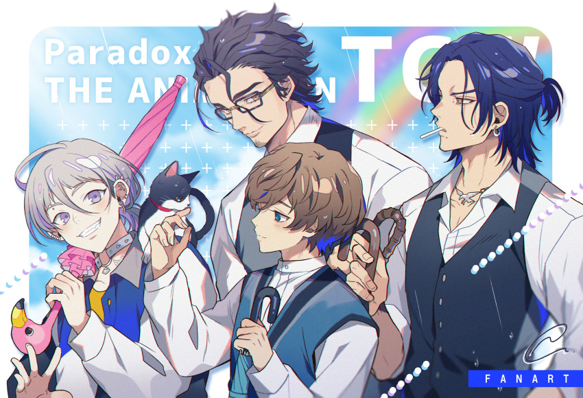 4boys absurdres ando_shiki black_hair blue_eyes blue_hair brown_hair copyright_name facing_to_the_side facing_viewer gennkai_para glasses grey_hair highres kanbayashi_yohei looking_at_another mole mole_under_mouth multicolored_hair multiple_boys natsume_ryu paradox_live purple_eyes purple_hair saimon_naoakira short_hair the_cat's_whiskers_(paradox_live) yellow_eyes