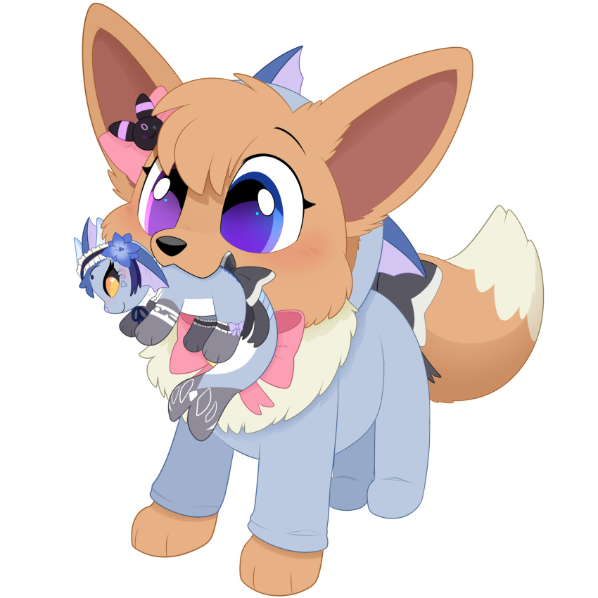 1:1 blush bow_(feature) brown_body clothing daww eevee eeveelution female feral generation_1_pokemon gracie_(sweetcupcake) heterochromia hi_res holding_object holding_plushie ittybittiestpawz nintendo onesie playing plushie pokemon pokemon_(species) solo toy vaporeon