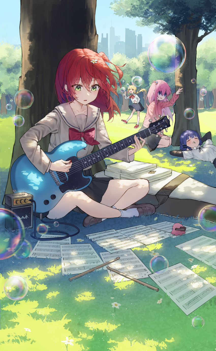 4girls absurdres amplifier arm_warmers black_skirt blonde_hair blue_eyes blue_hair blush bocchi_the_rock! brown_footwear bubble collared_shirt commentary day electric_guitar gotoh_hitori grass green_eyes grey_sailor_collar guitar hair_between_eyes highres holding holding_instrument ijichi_nijika instrument jacket kita_ikuyo long_hair long_sleeves multiple_girls music one_side_up open_mouth outdoors pink_hair pink_jacket playing_instrument red_eyes red_footwear red_hair sailor_collar school_uniform shirt shoes short_hair short_sleeves shuka_high_school_uniform side_ponytail skirt socks symbol-only_commentary tem track_jacket tree white_shirt white_socks yamada_ryo