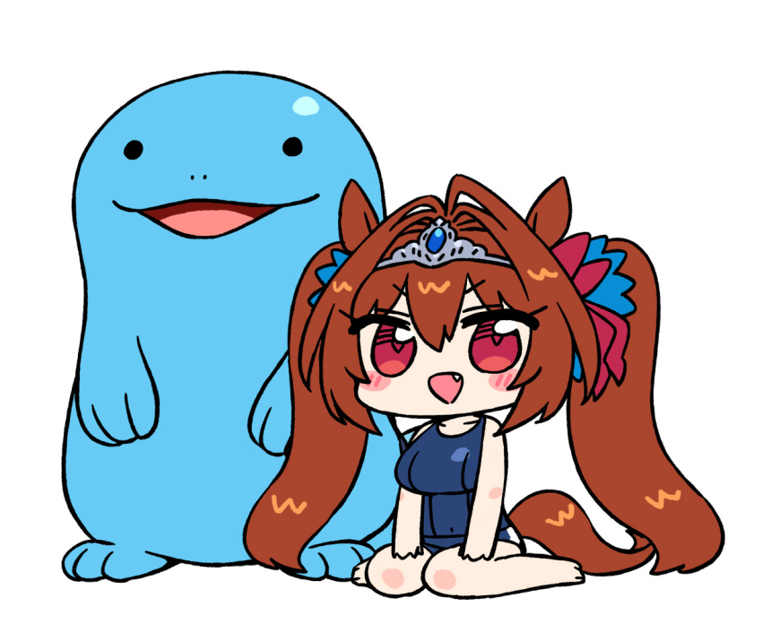 1girl animal_ears barefoot blush breasts brown_hair chan_co chibi crossover daiwa_scarlet_(umamusume) fang hair_intakes horse_ears horse_girl horse_tail large_breasts long_hair looking_at_viewer one-piece_swimsuit open_mouth pokemon pokemon_(creature) quagsire red_eyes sitting swimsuit tail tiara twintails umamusume very_long_hair white_background