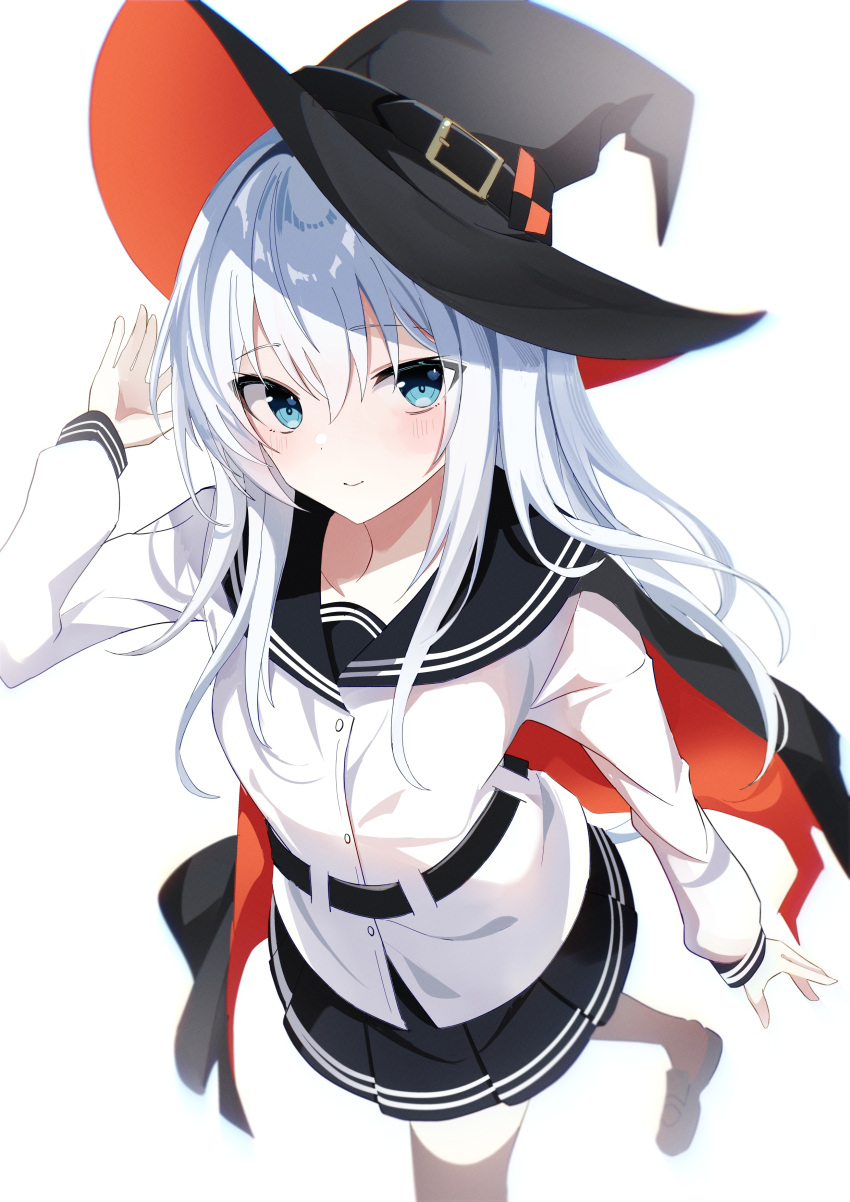 1girl absurdres black_cape black_headwear black_sailor_collar black_skirt black_thighhighs blue_eyes blush buttons cape closed_mouth fathom grey_hair hair_between_eyes halloween_costume hat hibiki_(kancolle) highres kantai_collection long_hair long_sleeves pleated_skirt sailor_collar sailor_shirt shirt simple_background skirt smile solo thighhighs verniy_(kancolle) white_background white_shirt witch_hat