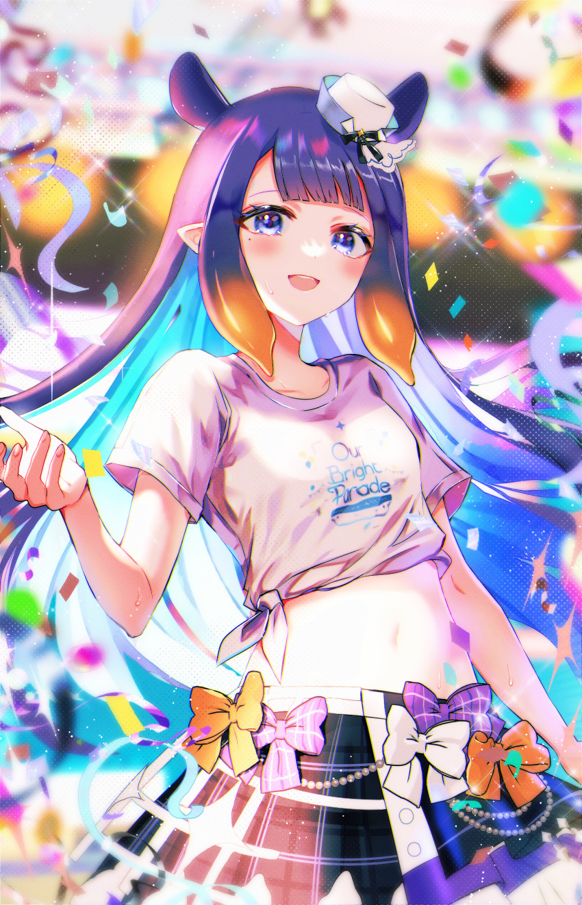 1girl blunt_bangs confetti highres hololive hololive_english hololive_idol_uniform hololive_idol_uniform_(bright) long_hair looking_at_viewer navel ninomae_ina'nis open_mouth pointy_ears purple_eyes purple_hair shirt skirt smile sowon tentacle_hair tentacles virtual_youtuber