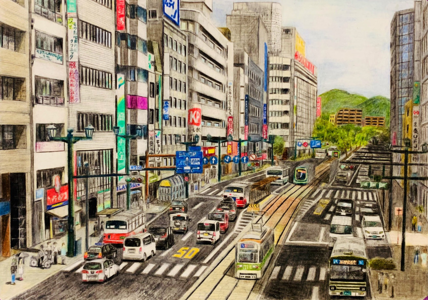 aorie_iroen building car city cityscape colored_pencil_(medium) graphite_(medium) highres monorail motor_vehicle no_humans office original railroad_tracks real_world_location road road_sign sign street traditional_media tree van