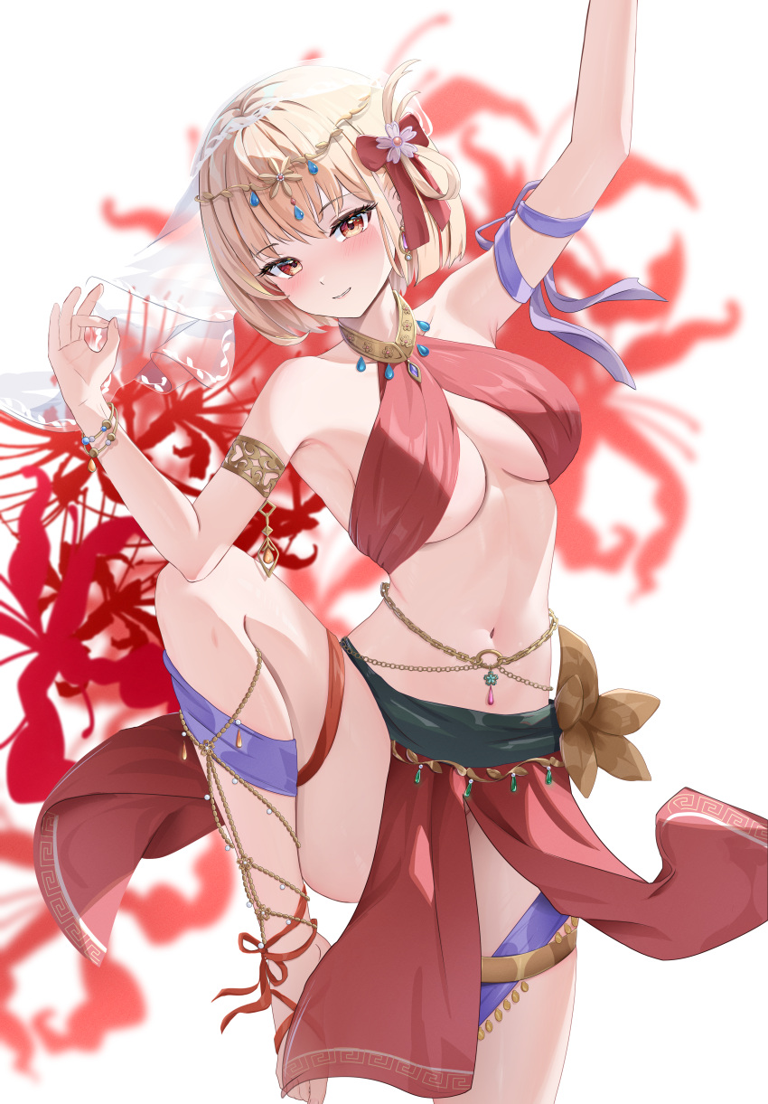 1girl absurdres arm_ribbon arm_up armlet bare_shoulders belly_chain blonde_hair blush bow breasts commentary_request crop_top dancer hair_bow hand_up harem_outfit highres jewelry knee_up large_breasts loincloth looking_at_viewer lycoris_recoil midriff navel nishikigi_chisato orange_eyes pharmarr purple_ribbon red_bow ribbon short_hair smile solo standing standing_on_one_leg stomach thigh_strap thighs white_background