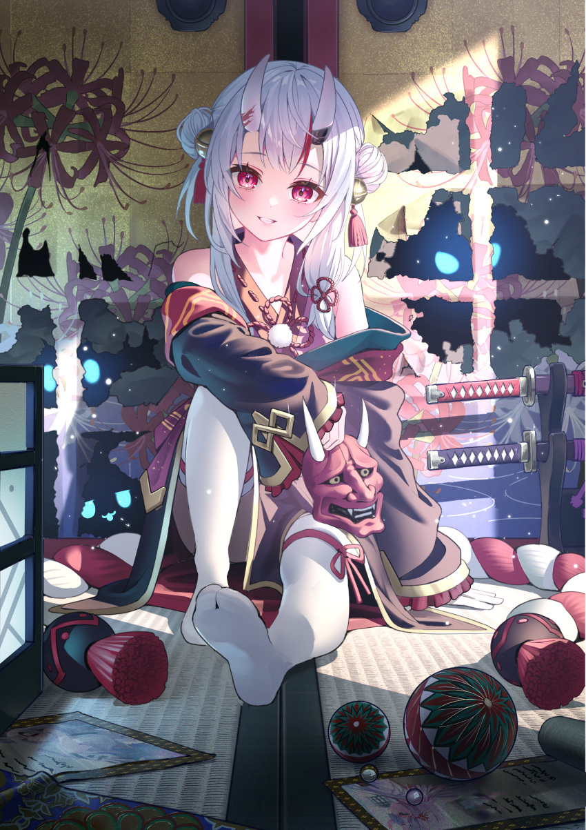 1girl :3 absurdres ball bare_shoulders bell black_kimono blue_hair double_bun flower frilled_sleeves frills glowing glowing_eyes gold_trim grey_hair grin hair_bell hair_bun hair_ornament highres holding holding_mask hololive horns japanese_clothes jingle_bell katana kimono knee_up kouhaku_nawa long_hair long_sleeves looking_at_viewer marble_(toy) mask mask_removed midori_matsukaze multicolored_hair nakiri_ayame no_shoes off_shoulder oni oni_horns oni_mask red_eyes rope scroll shimenawa short_kimono sidelocks sitting smile solo streaked_hair sword tabi tassel tassel_hair_ornament tatami thighhighs two_side_up virtual_youtuber weapon white_thighhighs wide_sleeves