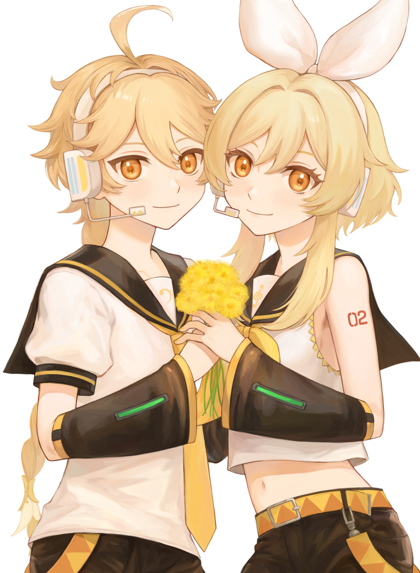 1boy 1girl absurdres aether_(genshin_impact) blonde_hair brother_and_sister closed_mouth cosplay crop_top hairband headphones highres kagamine_len kagamine_len_(cosplay) kagamine_rin kagamine_rin_(cosplay) kumo955 lumine_(genshin_impact) midriff navel neckerchief necktie orange_eyes shirt siblings smile stomach vocaloid white_hairband white_shirt yellow_necktie