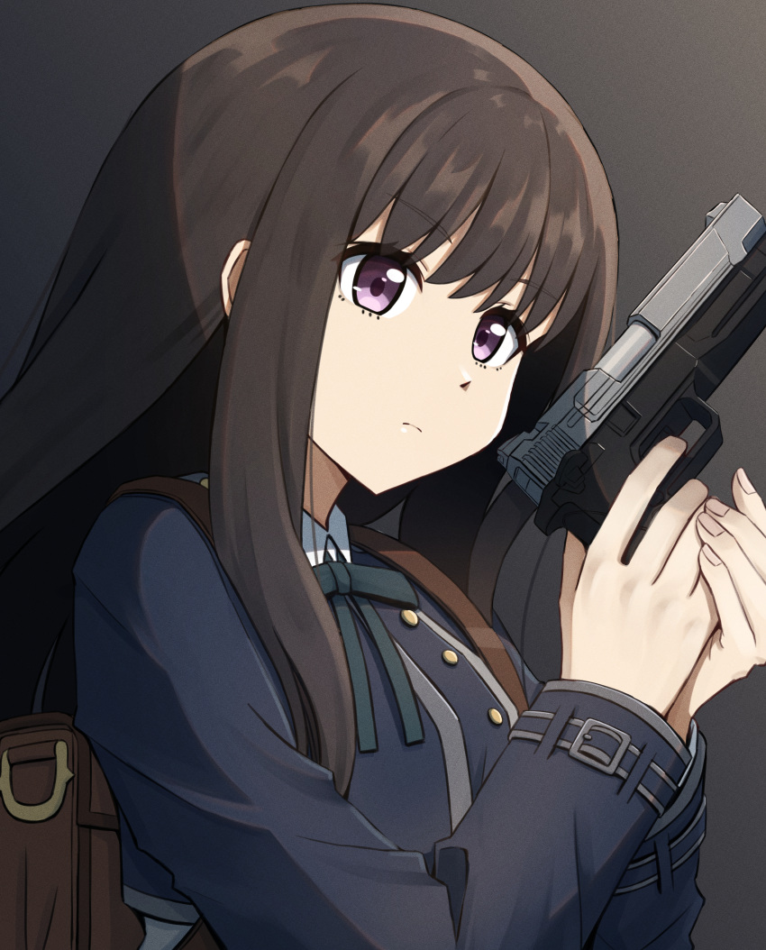 1girl :o absurdres backpack bag black_hair blue_dress closed_mouth collared_shirt commentary dress finger_on_trigger green_ribbon gun handgun highres holding holding_gun holding_weapon inoue_takina long_hair long_sleeves looking_ahead lycoris_recoil lycoris_uniform m1911 neck_ribbon parted_lips purple_eyes ribbon s&amp;w_m&amp;p shade shirt solo torigon upper_body weapon white_shirt