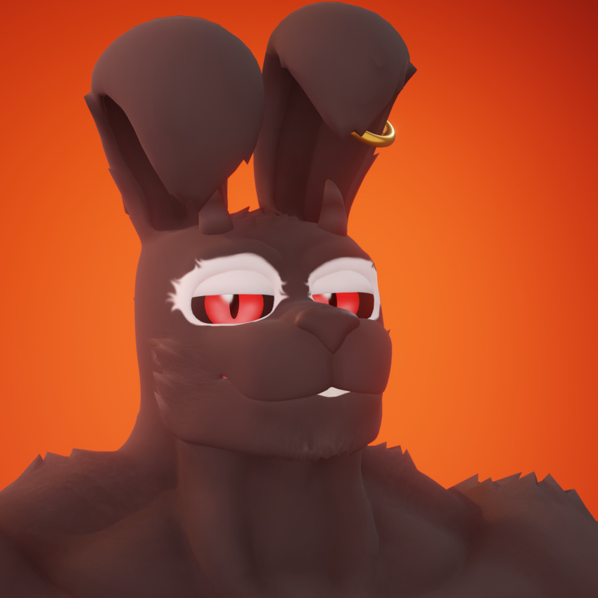 3d_(artwork) anthro anxiboi blender_(software) demon digital_media_(artwork) eyebrows fur grey_body grey_fur hi_res horn lagomorph leporid looking_at_viewer male mammal muscular piercing portrait rabbit raised_eyebrow red_eyes smile smirk smirking_at_viewer solo solo_focus