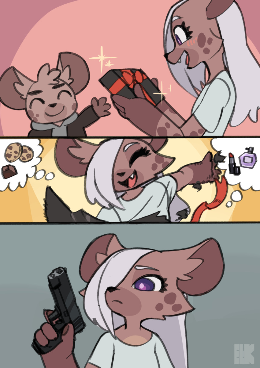 2023 absurd_res anthro comic duo female fur gift gun handgun hi_res holding_gun holding_handgun holding_object holding_pistol holding_weapon homie_(kemokin_mania) hyena jk_(kemokin_mania) kemokin_mania male mammal pistol purple_eyes ranged_weapon spots spotted_body spotted_fur weapon