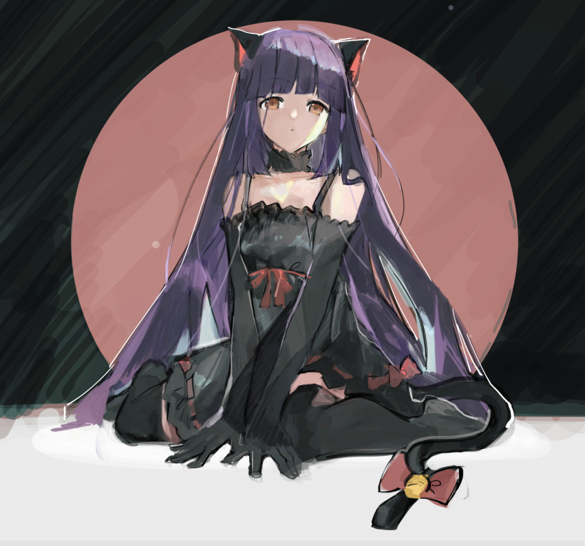1girl animal_ears bare_shoulders black_choker black_dress black_thighhighs blunt_bangs bow cat_ears cat_tail character_request choker closed_mouth copyright_request dress highres long_hair looking_at_viewer purple_hair pyongtaro red_bow sidelocks sitting sleeveless sleeveless_dress tail tail_bow tail_ornament thighhighs very_long_hair wariza yellow_eyes