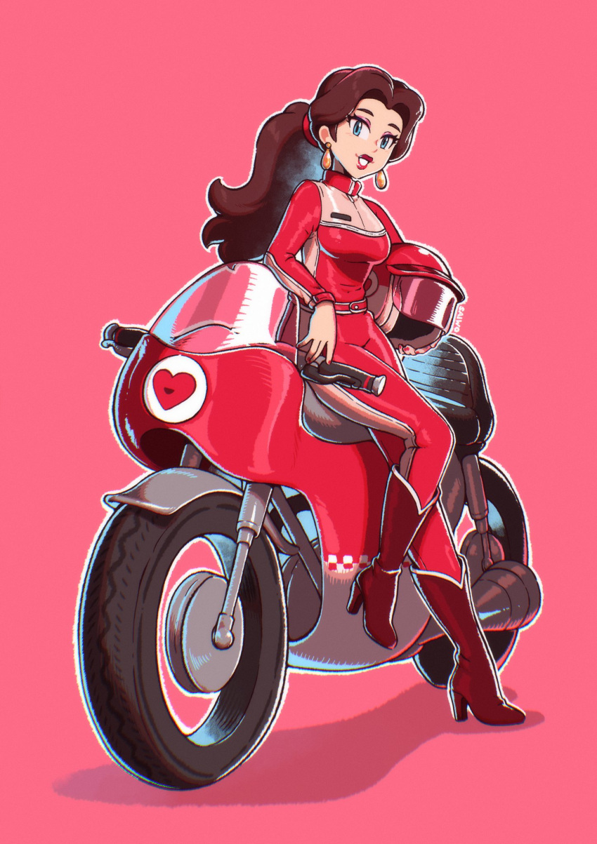 1girl blue_eyes bodysuit boots breasts brown_hair earrings full_body helmet high_heel_boots high_heels highres holding holding_helmet jewelry knee_boots long_hair looking_at_viewer mario_(series) mario_kart mario_kart_8 medium_breasts motor_vehicle motorcycle motorcycle_helmet pauline_(mario) pink_background ponytail red_bodysuit red_footwear saiwo_(saiwoproject) simple_background solo unworn_headwear unworn_helmet