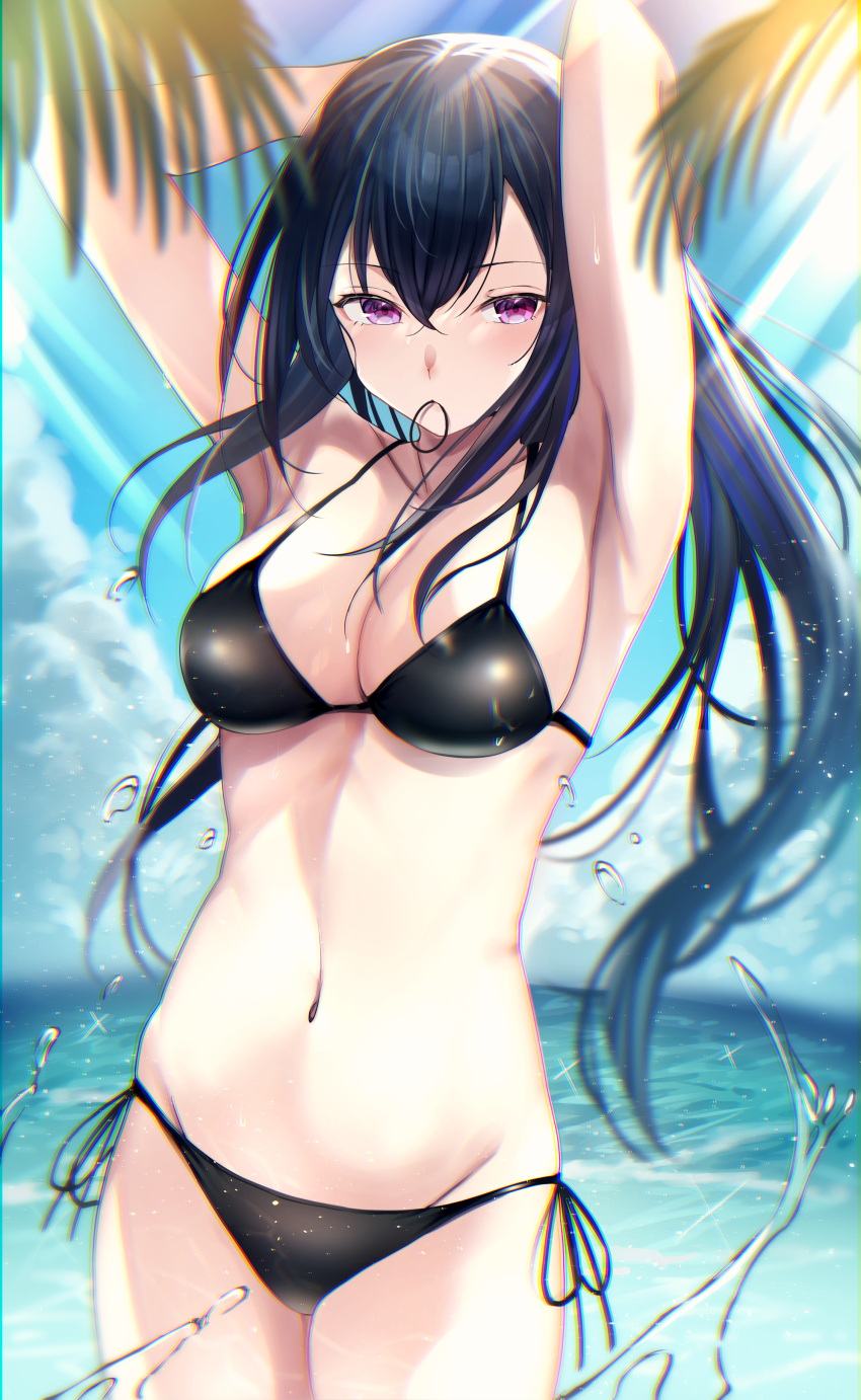 1girl absurdres alternate_costume armpits arms_up bikini black_bikini black_hair blue_sky blush breasts cleavage closed_mouth cloud cloudy_sky commentary commission cowboy_shot day hair_between_eyes hair_tie_in_mouth highres ichinose_uruha kairi_(miry666) large_breasts light_rays long_hair looking_at_viewer mouth_hold navel ocean outdoors palm_tree purple_eyes side-tie_bikini_bottom skeb_commission sky solo splashing standing stomach sunlight swimsuit tree virtual_youtuber vspo!