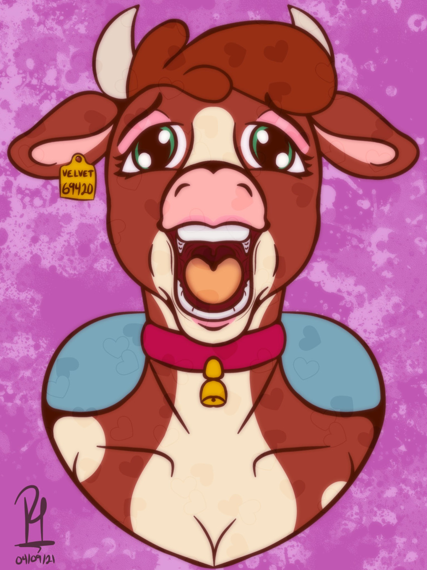 2021 2_horns anthro anthrofied arizona_cow_(tfh) bell bell_collar bovid bovine breasts brown_body brown_hair bust_portrait cattle cleavage clothed clothing collar cowbell dated digital_drawing_(artwork) digital_media_(artwork) ear_tag eyelashes eyeshadow female hair hereford_cattle hi_res horn lipstick looking_at_viewer makeup mammal multicolored_body open_mouth pink_eyeshadow pink_nose piro_pie portrait simple_background solo teeth them's_fightin'_herds two_tone_body uvula