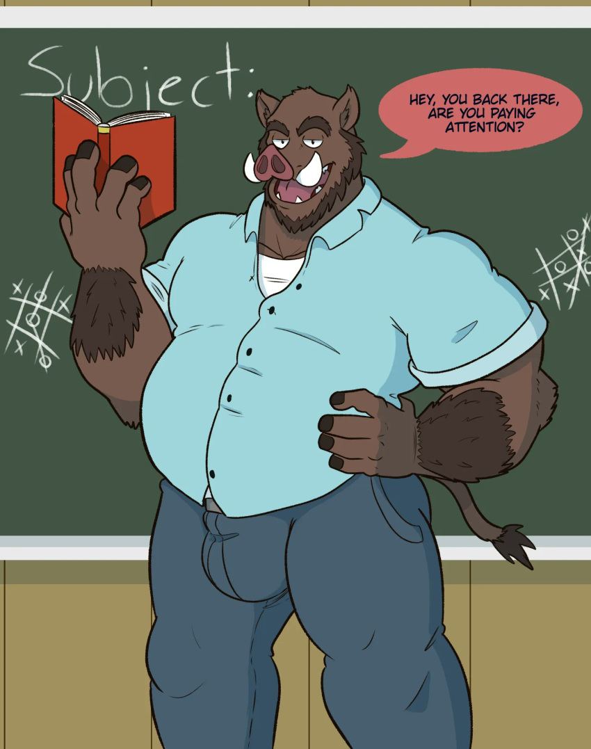 2023 5_fingers anthro arm_tuft beard big_bulge blue_bottomwear blue_clothing blue_jeans blue_pants blue_shirt blue_topwear book bottomwear brown_beard brown_body brown_fur bulge chalkboard classroom clothed clothing denim denim_clothing dialogue english_text facial_hair fingers fur hand_on_hip hi_res holding_book holding_object inside jeans looking_at_viewer male mammal mature_anthro mature_male mospy_(artist) musclegut open_mouth overweight overweight_anthro overweight_male pants portrait professor red_speech_bubble school shirt solo speech_bubble standing suarez_(nanoff) suid suina sus_(pig) tail tail_tuft talking_to_viewer text three-quarter_portrait tic-tac-toe topwear tuft tusks white_undershirt wild_boar