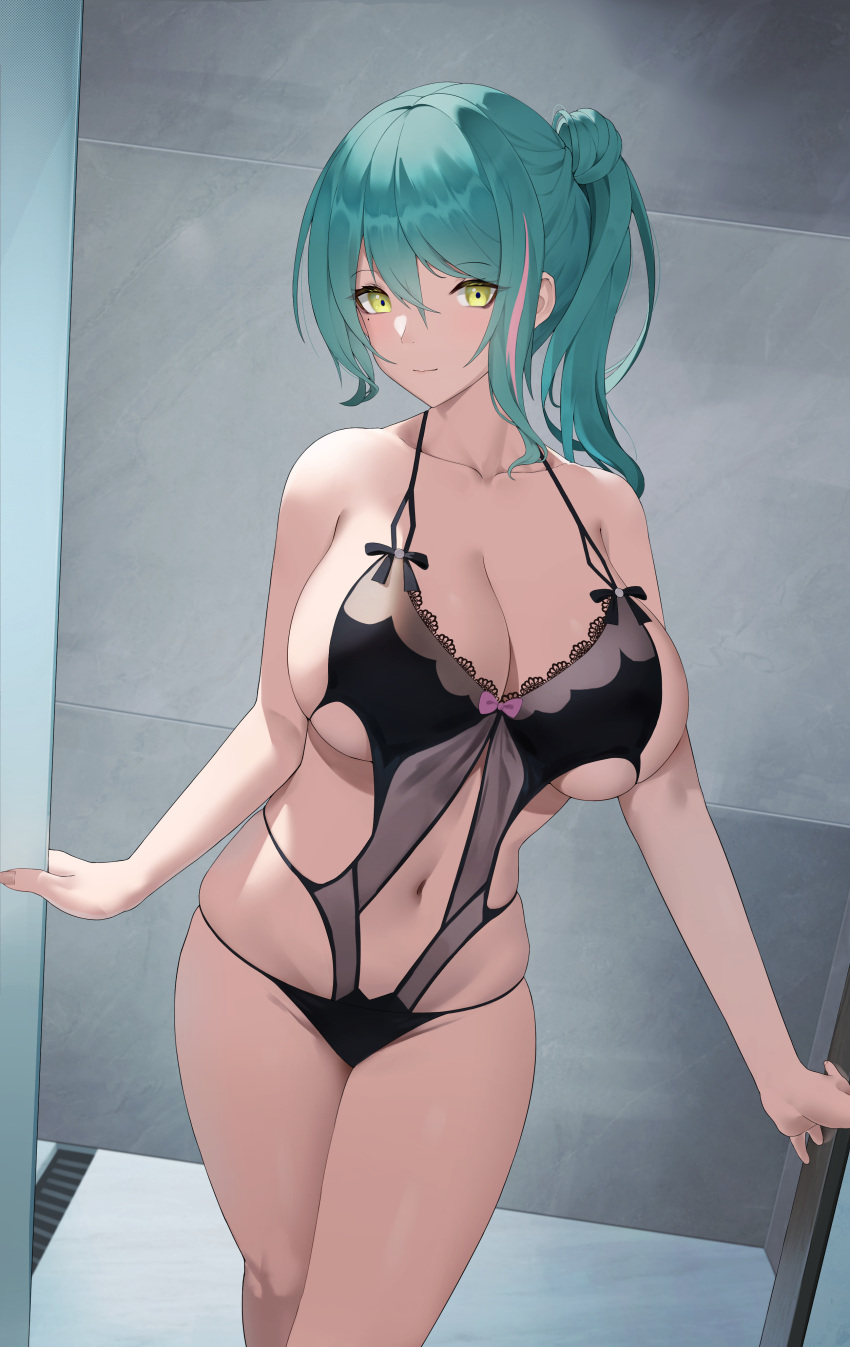 1girl absurdres azur_lane breasts cleavage closed_mouth collarbone dead_or_alive dead_or_alive_xtreme green_hair highres lace_trim large_breasts looking_at_viewer mole mole_under_eye navel ponytail revealing_clothes shower_(place) solo spaghetti_strap stomach swimsuit tamaki_(doa) tamaki_(venus_shower_time)_(doa) yellow_eyes yomi1221