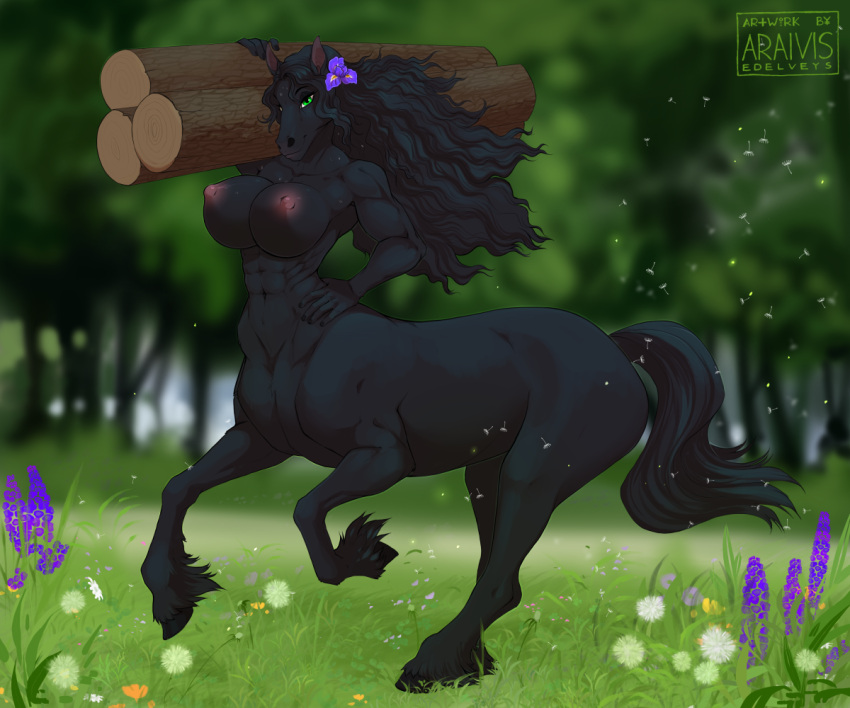 2021 accessory araivis-edelveys black_body black_fur black_hair centaur equid equid_taur female flower flower_in_hair fur green_eyes hair hair_accessory hooves humanoid_taur log mammal mammal_taur nipples outside pink_nipples plant solo tail taur wood