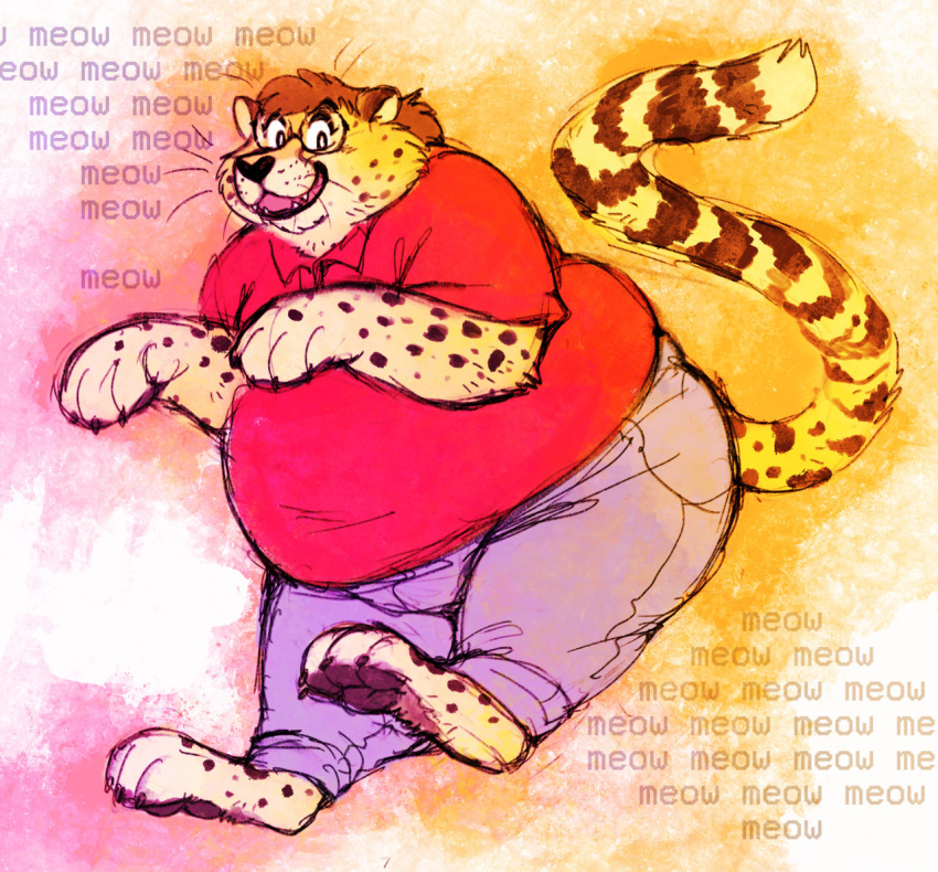 anthro belly berlin brown_hair cheetah claws clothed clothing english_text eyewear felid feline fur glasses hair male mammal meow obese obese_anthro obese_male open_mouth open_smile overweight overweight_anthro overweight_male paw_pose pawpads pose smile solo spots spotted_body spotted_fur tan_body tan_fur text toe_claws