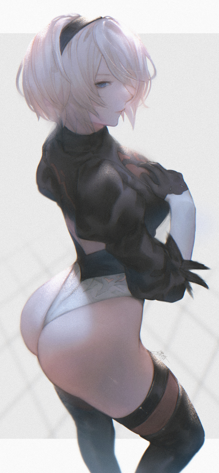 1girl absurdres artist_name ass blue_eyes boots breasts closed_mouth commentary_request feather_trim from_behind gradient_background hairband hand_on_own_chest hand_up highleg highleg_leotard highres leotard lips long_sleeves looking_at_viewer looking_back medium_breasts nier:automata nier_(series) puffy_sleeves short_hair signature simple_background solo thigh_boots thighhighs thighs turtleneck white_hair yct_(yoct_o) yorha_no._2_type_b