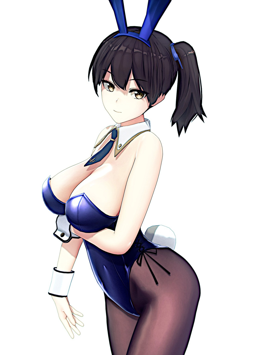 1girl 3d animal_ears bare_shoulders blue_leotard blue_necktie blush breasts brown_pantyhose cleavage covered_navel detached_collar fake_animal_ears fake_tail fishnet_pantyhose fishnets gr_sword highres kaga_(kancolle) kantai_collection large_breasts leotard looking_at_viewer necktie pantyhose playboy_bunny rabbit_ears solo strapless strapless_leotard tail wrist_cuffs